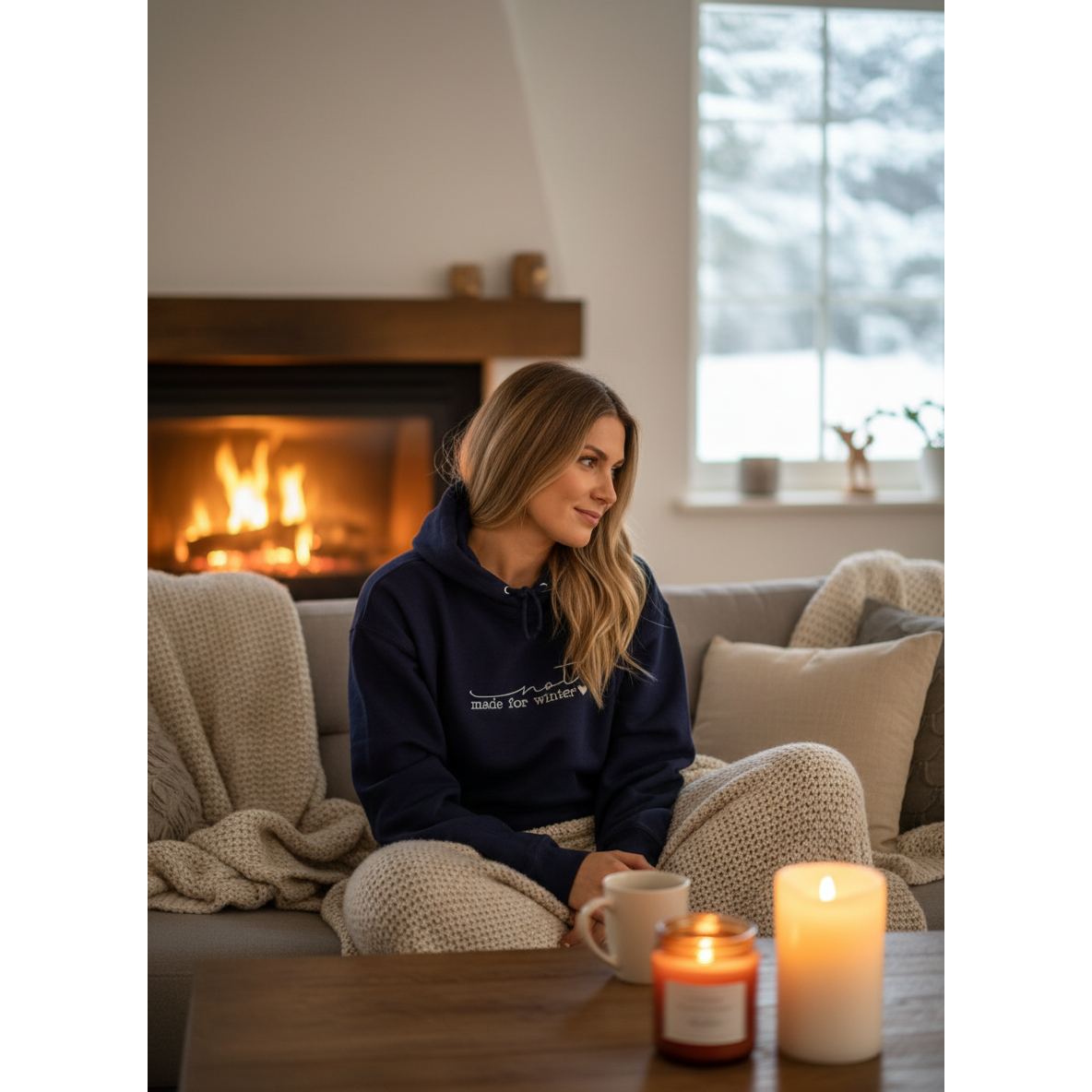 Woman wearing navy "not made for winter" hoodie indoors