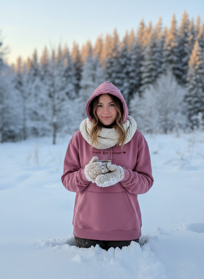 Woman wearing pink "made for winter" hoodie outdoors